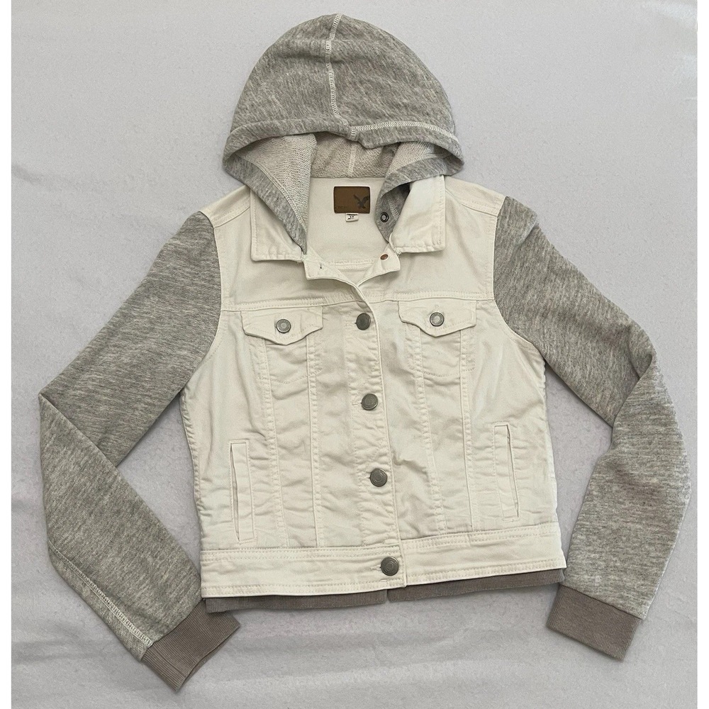 American Eagle Women's Small White Denim Jacket Gray Hoodie Sweatshirt Sleeves